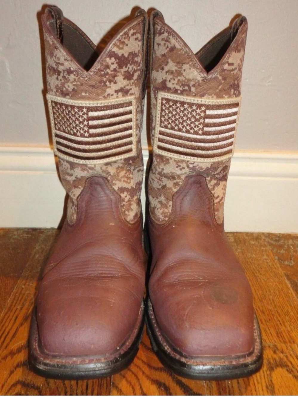 Ariat Brown Leather Cowboy Boots with Tan Camo Shaft and Flag Patch